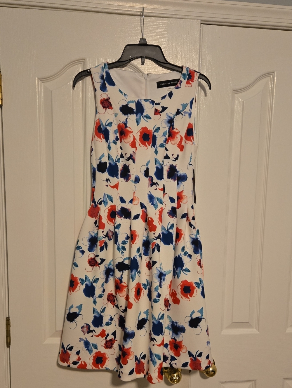 NWT Andrew Marc White Floral Fit-and-Flare Dress with Pink & Navy Blooms